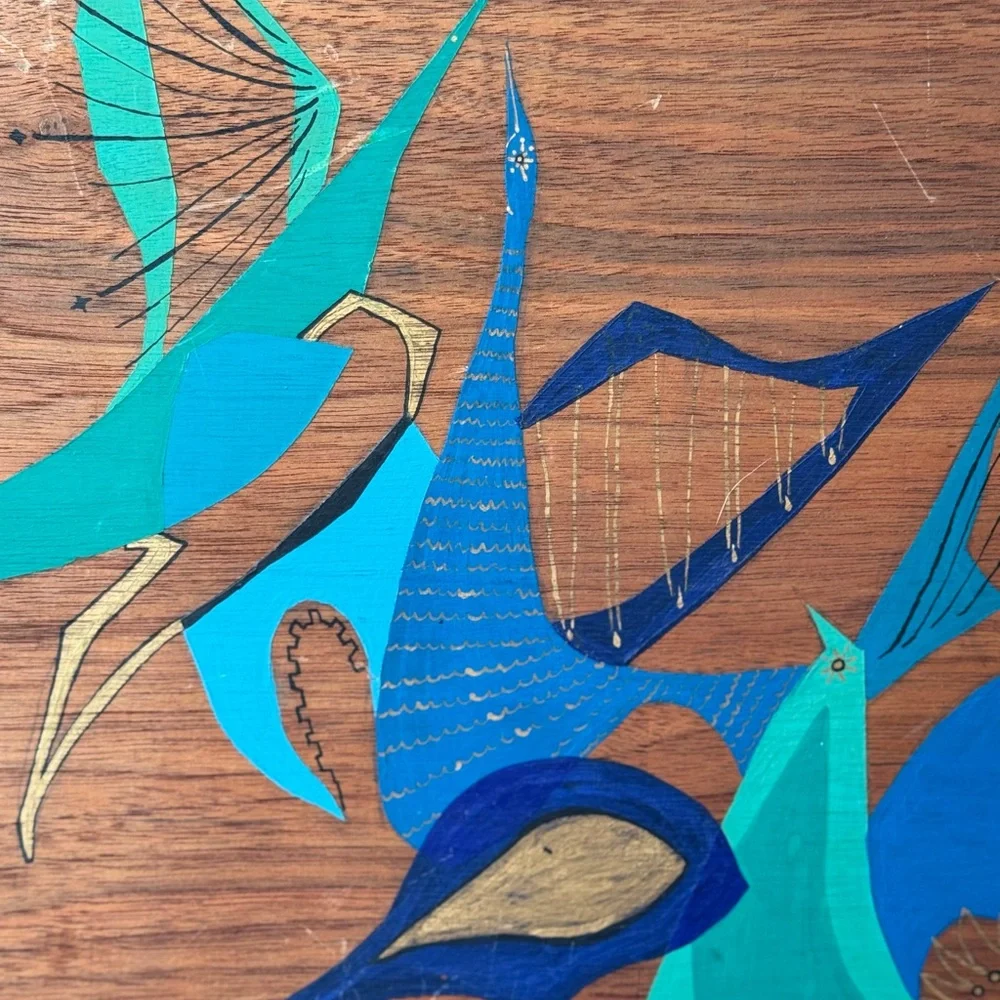 Vintage MCM Blue and Gold Abstract Wall Art Painted Birds on Wood